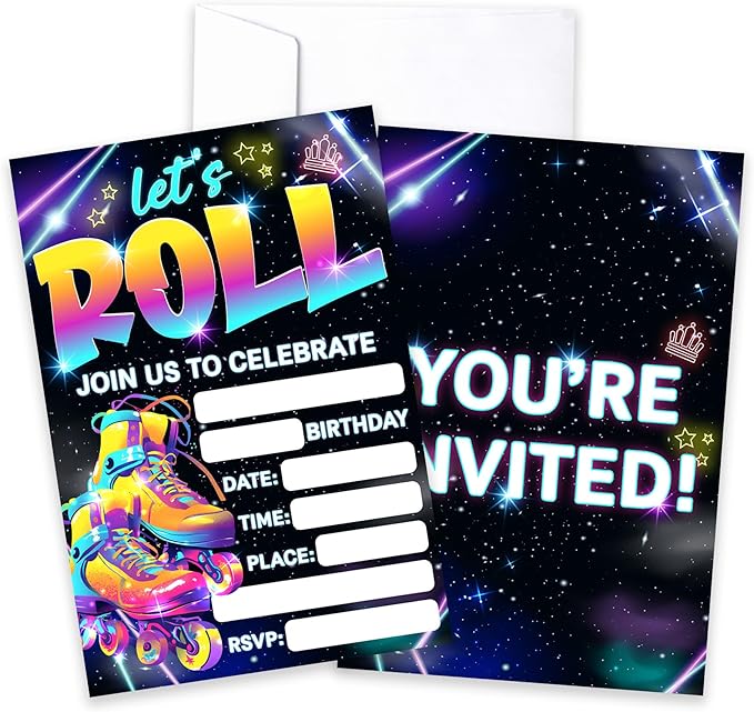 CLIRBE Let's Roll Birthday Party Invitations, Glow Neon Birthday Invitations For Brother Bro Teen Boys Girls, 20 Invites Cards With 20 Envelopes, Party Supplies Favors -H07