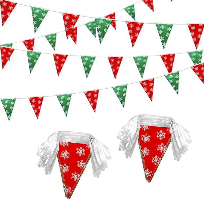 100 Feet Red Green Merry Christmas Pennant Banner Flags String Party Decorations Triangle Hanging Bunting Garland with for Snowflakes Christmas Kids Birthday Outdoor Garden Decor