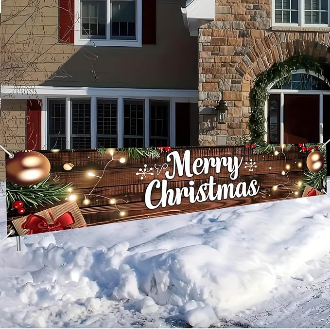 Merry Christmas Decorations Banner 118x20 Inch Polyester Fabric Tree Branches Presents s for Indoor Outdoor Garden Fence Outdoor Porch sign Party Supplies Banners