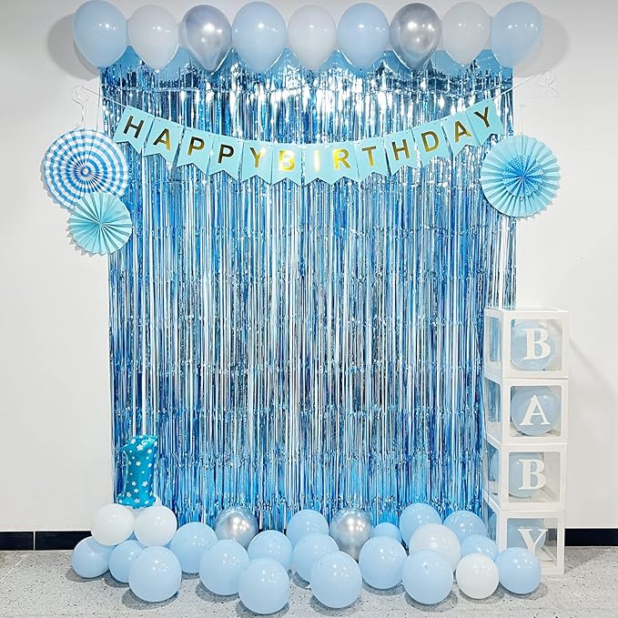 Light Blue Foil Fringe Curtains Party Decorations, Melsan 3.2 x 8 ft Foil Curtains Tinsel Backdrop for Ocean, Baby Shark Theme Birthday Decorations - Pack of 2