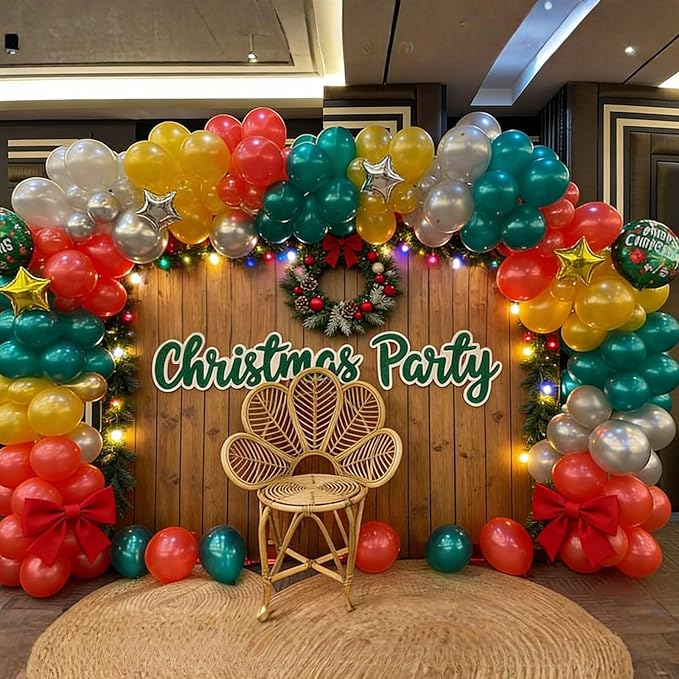 Christmas Balloon Arch Kit, Pearl Red Teal Blue Gold Silver Balloons Garland Arch with Metallic Silver Balloons, Round Garland Santa Claus Stars foil Balloon for Christmas New Year Party Decorations