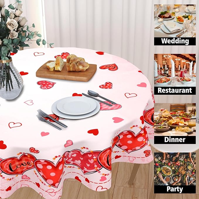 Valentine's Day Tablecloth Round 60 Inch Pink Love Hearts Table Cloth Farmhouse Valentines Table Cover for Kitchen Dinner Room Holiday Party Indoor Outdoor Home Valentine Decor