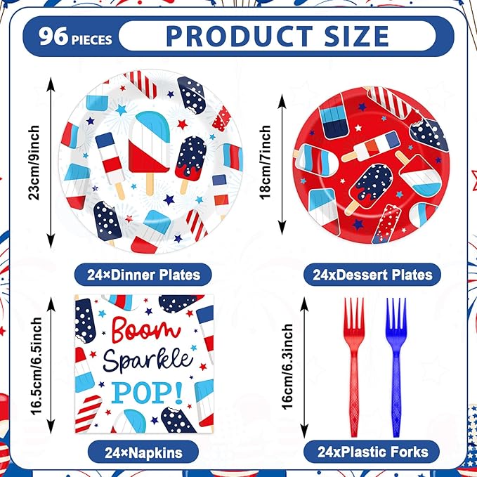96 Pcs Patriotic Party Plates Napkins Tableware Set Summer Ice Pop Supplies Disposable Dinnerware 4th of July Theme Popsicle Decoration Favors for American Independence Day Memorial Day, 24 Guests
