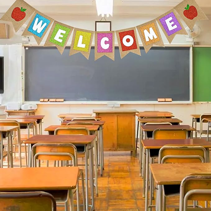 Welcome Burlap Banner Back to School Party Decorations Glitter Welcome Banner with Apple Sign - First Day of School Party Supplies for Classroom,Teacher,and Office Hanging Decor