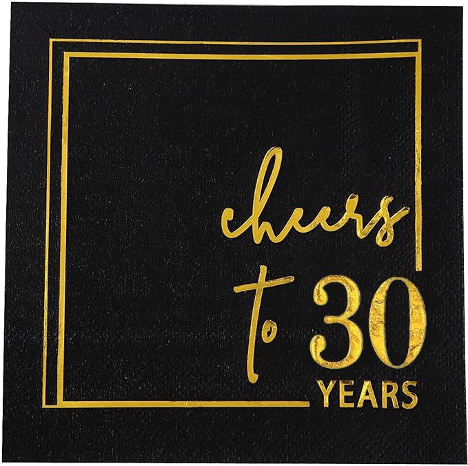 Cheers to Years Cocktail Napkins - 50 PK - 3-Ply Birthday Napkins 5x5 Inches Disposable Party Napkins Beverage Paper Napkins or Birthday Decorations Wedding Anniversary Black and Gold (30 Years)