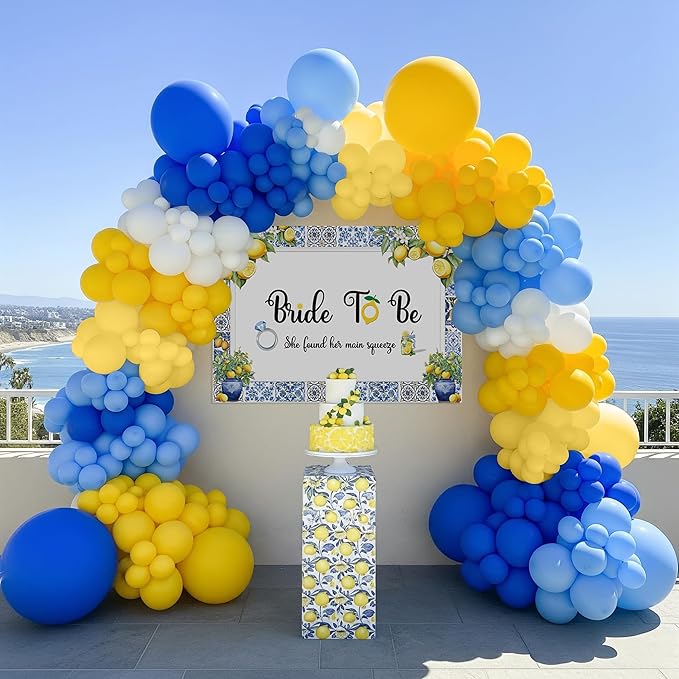 Royal Blue Yellow bridal shower lemon theme balloon arch kit with Bride to be backdrop for Lemonade italian capri amalfi coast main squeeze bridal party decorations