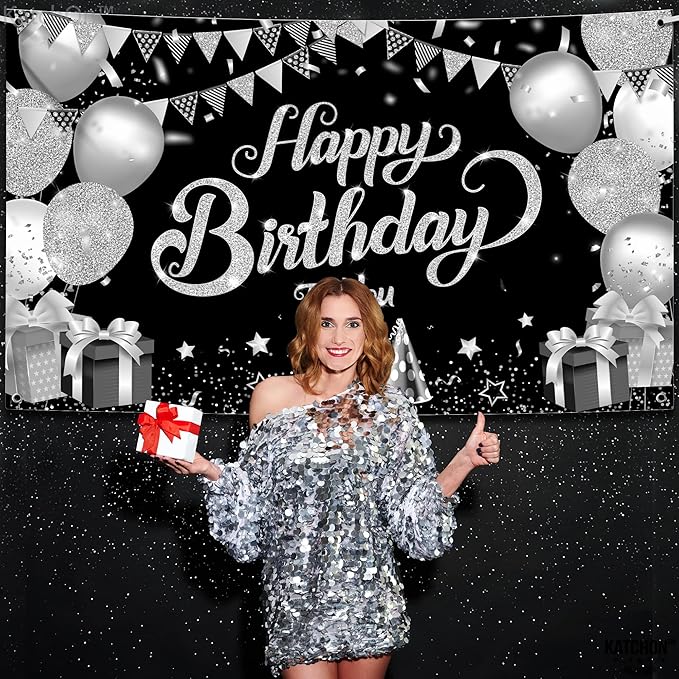 KatchOn, Silver Happy Birthday Banner - Large, 72x44 Inch | Happy Birthday Decorations for Men, Women, Boys and Girls | Birthday Backdrop For Silver Party Decorations