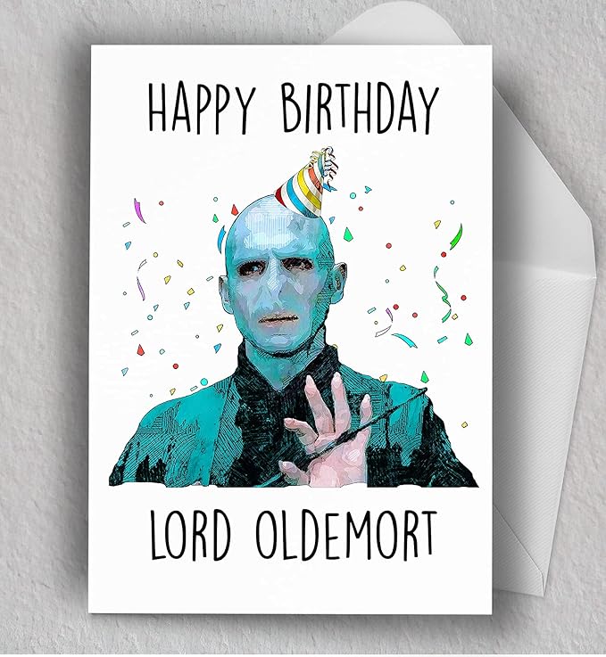 Funny Wizard Theme Birthday Card — “Lord Oldemort” Parody Design, Blank Inside, Includes Envelope