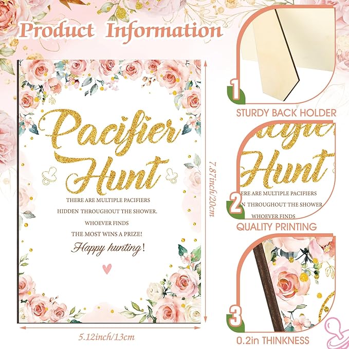 Thyle 51 Pcs Flower Pacifier Hunt Baby Shower Games Floral Theme Baby Shower Game Decoration Include Hunt Sign and 50 Acrylic Pacifiers Gift Sets for Gender Reveal Newborn Announcement Party Decor