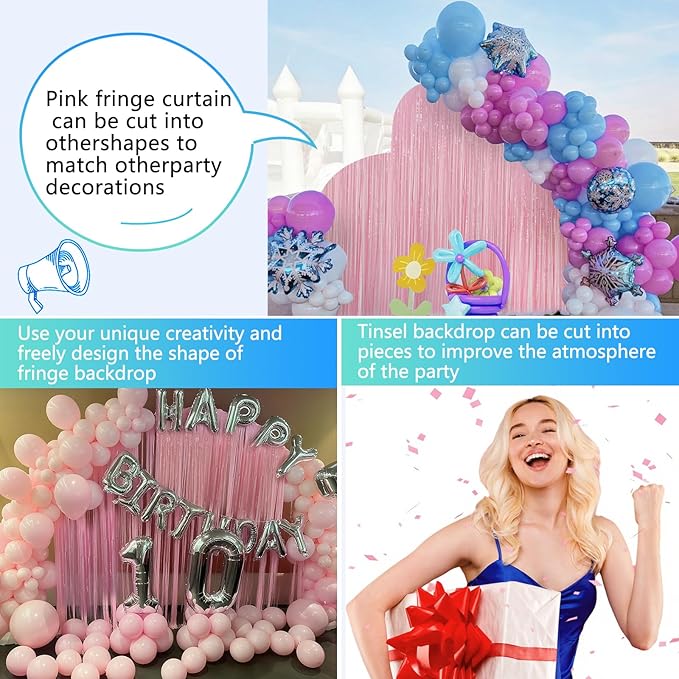 Pastel Pink Birthday Party Backdrop Decorations Foil Fringe Curtain 3.3x8.2ft 2 Pack, Pink Streamers Background Party Decorations Wall Door Hanging for Baby Valentines Barbie Princess Bachelorette