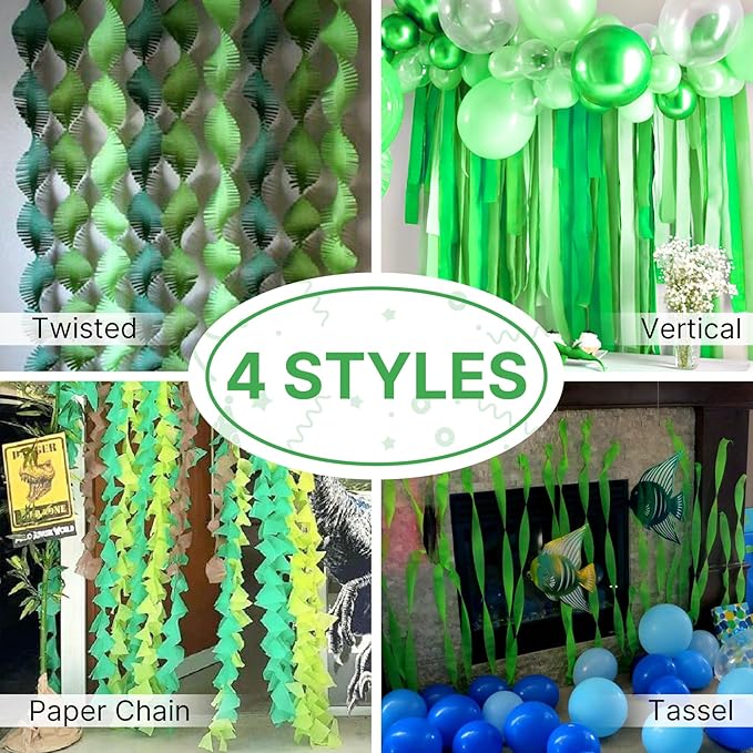 PartyWoo Crepe Paper Streamers 4 Rolls 328ft, Shades of Green for Party, Wedding, Birthday & Baby Shower Decorations (1.8 Inch x 82 Ft/Roll)