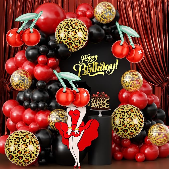 JOGAMS 165Pcs Betty Party Decorations,Cheetah Print Red and Black Party Decorations with Gold Confetti Cherry Cheetah Print Balloons for Bachelorette Birthday Baby Shower Vintage Retro Party