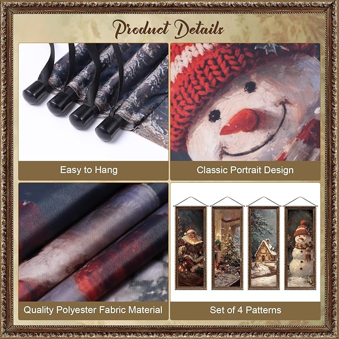 Panelee 4 Pcs Vintage Christmas Porch Banners Retro Snowman Santa Winter Rustic Xmas Tree Stretching Portraits Wall Decorations Christmas Porch Sign Backdrop for Xmas Indoor Outdoor Wall Hanging Decor