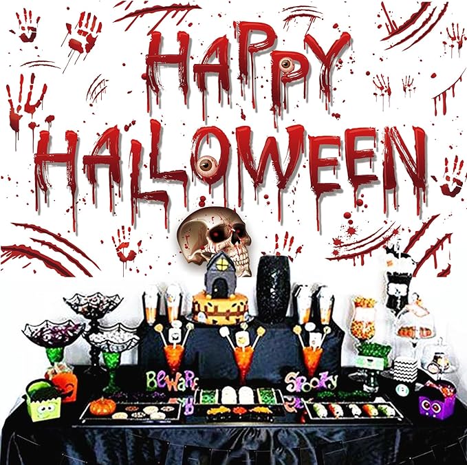 Red Happy Halloween Backdrop Banner Photography Background for Home Garden Outdoor Wall Terror Thriller Scary Themed Halloween Party Decorations Supplies 72.8 * 43.3in