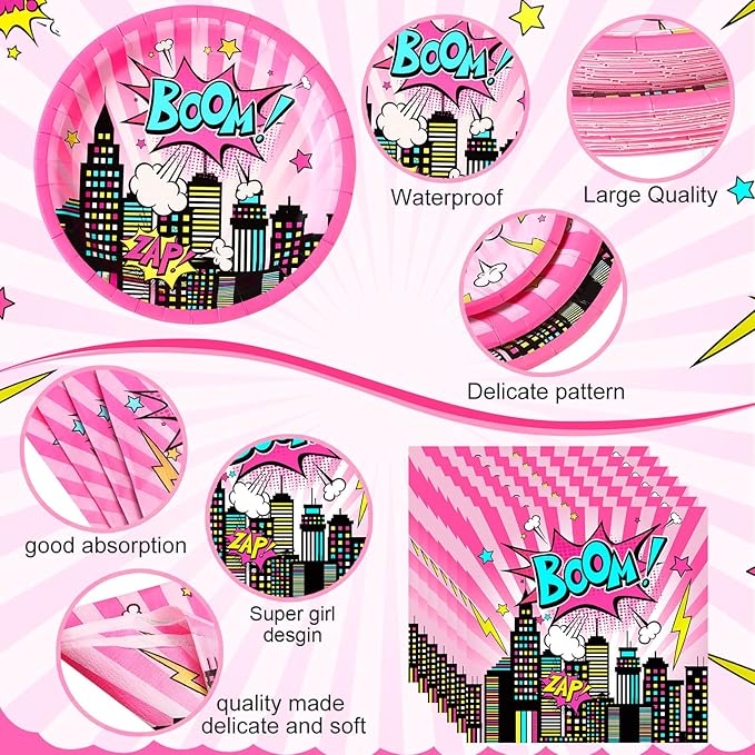 452 Pcs Girl Birthday Decorations for 50 Guests Pink Hero Paper Plates Napkins Cups Tablecloth Cutlery Straws for Pink Hero Birthday Baby Shower Party Supplies