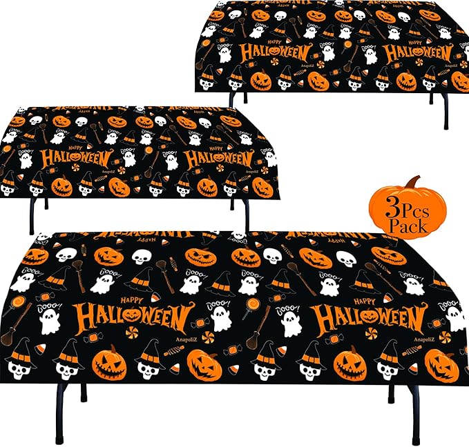 AnapoliZ Halloween Plastic Tablecloth | 3 Pcs Pack (54' x 102') | Rectangular Table Cover | Pumpkin, Witches Decoration | Party Tablecover