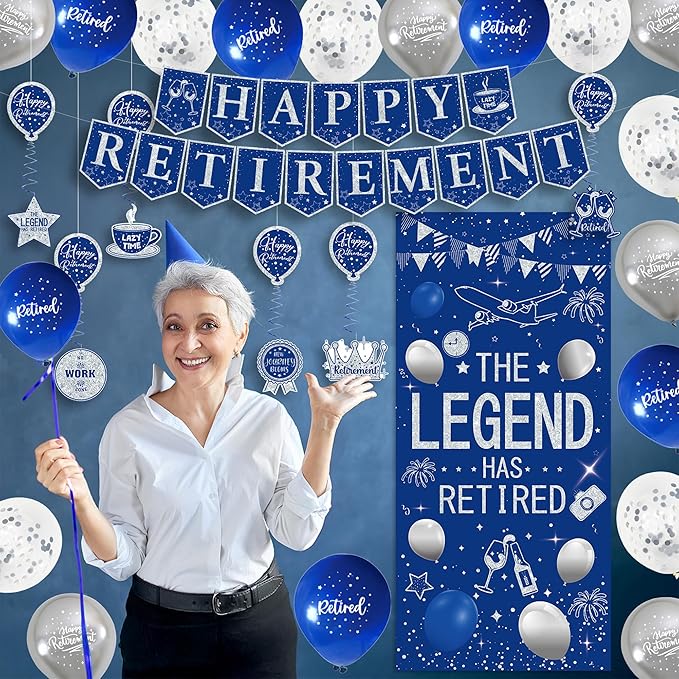 Roetyce Retirement Party Decorations for Men Women, Blue Silver Happy Retirement Banner Balloons Hanging Swirls Kit, Lengend Has Retired Backdrop for Coworker, Office Retired Party Supplies