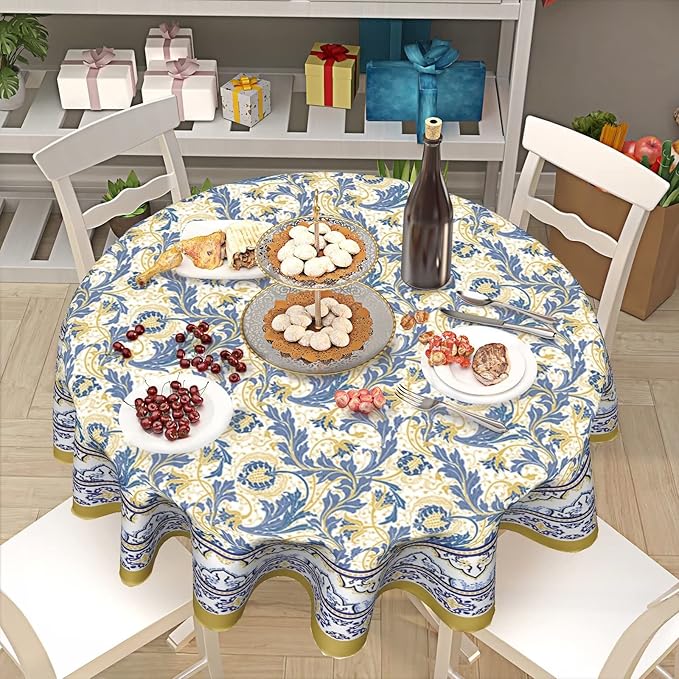 Yellow and Blue Floral Tablecloth Round 60 Inch Farmhouse Boho Tablecloth Spring Summer Fabric Table Cloth With Wrinkle Resistant For Kitchen Holiday Picnic Party Dinner Room Indoor Outdoor Decor