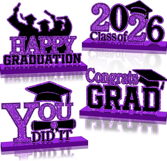 4Pcs Graduation Decorations Class of 2026 Wood Table Centerpieces Congrats Grad Wooden Sign Graduation Table Toppers Congratulate Tiered Tray Decor for 2026 Graduation Party (Purple-Black)