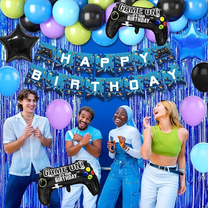 Video Game Birthday Party Decorations for Boys, Black Blue Purple Green Balloons Happy Birthday Banner Cake Topper Game Foil Balloon Blue Fringe Curtain for Kids Boys Men Birthday Party Decor