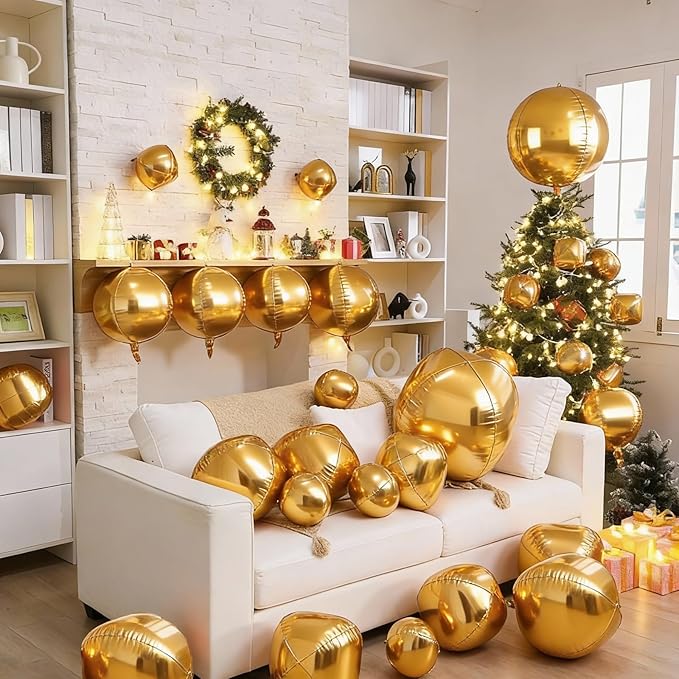 12Pcs Gold Round Balloons Foil, 22" 18" 15" 10" 4D Round Ball Balloon, Giant Metallic Gold Foil Balloons for Graduation Prom Disco Wedding New Year Birthday Party Decorations Backdrop