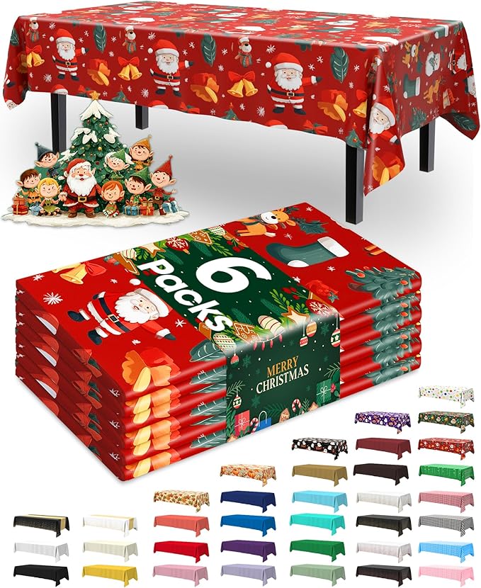 Pureegg Plastic Table Cloth Disposable 6 Pack, 54 x 108 Inch Table Cloths, Christmas Decorations, Xmas Decor, Party Tablecloths, Rectangle, Holiday Plastic Cover, Waterproof, Christmas Red