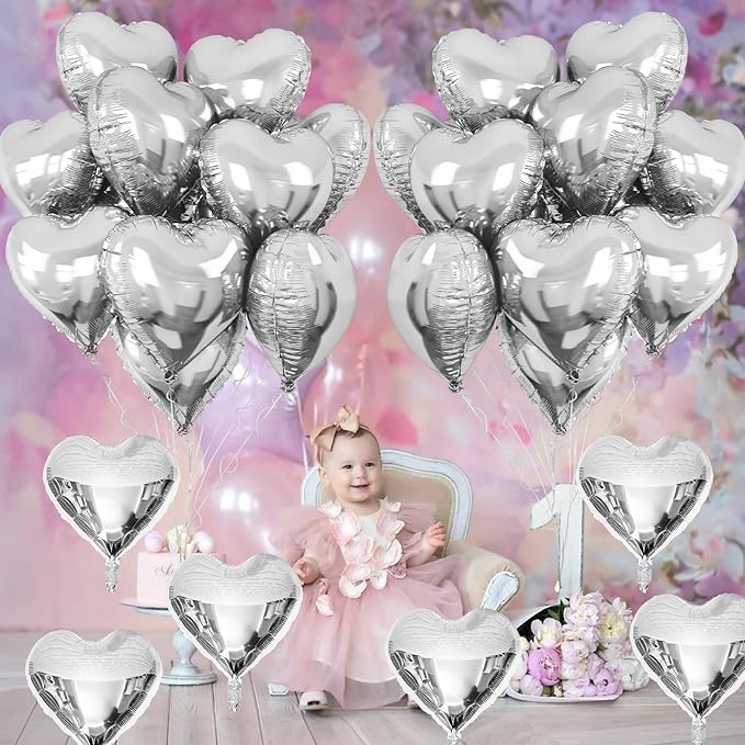 Silver Heart Foil Balloons, 10 Pcs Silver Heart Shape Balloons, 18Inch Metallic Heart Foil Balloon for Birthday Valentine Wedding Baby Shower Bridal Shower Graduation New Year Party Decorations