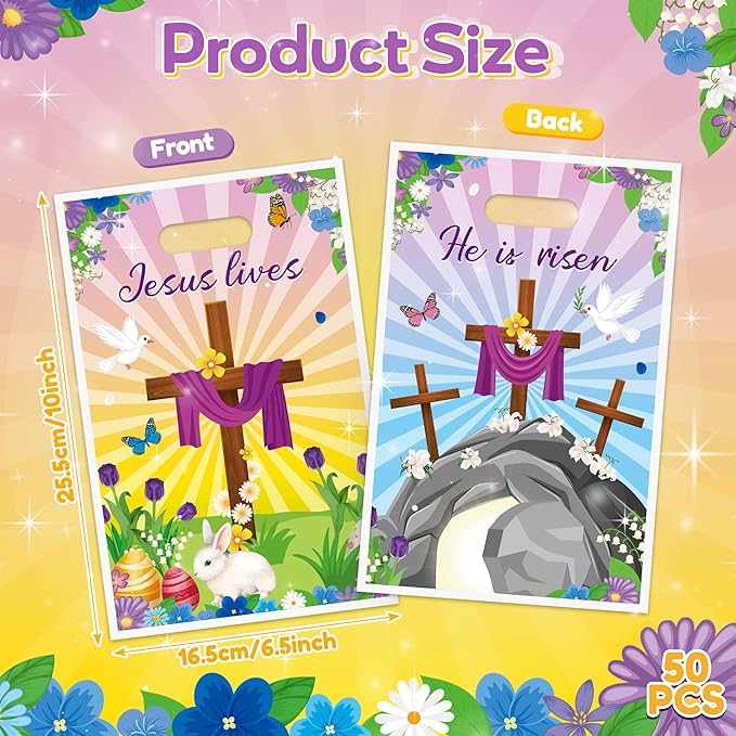 50Pcs Easter He is Risen Party Favor Bags Jesus Lives Religious Goodie Candy Treat Gift Bag Bunny Egg Christian Cross Party Decor for Sunday School VBS Church Spring Easter Jesus Birthday Supplies