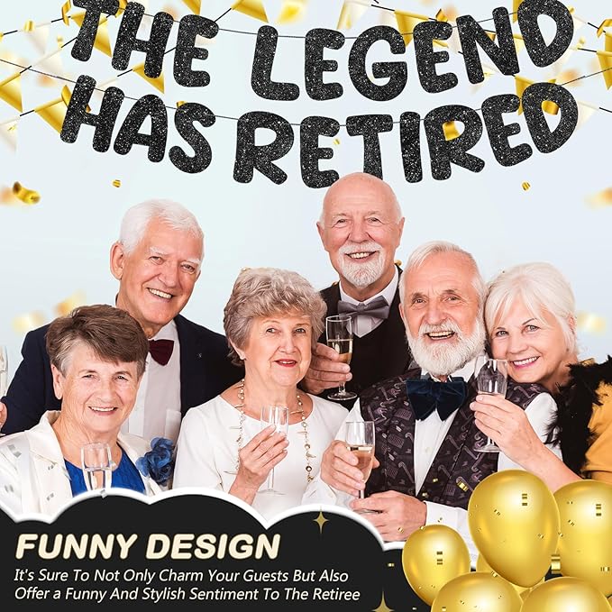 Fulmoon Pre Strung the Legend Has Retired Glitter Banner 9.8 ft Retirement Banner Retirement Party Decorations Garland Bunting for Men Women Gifts, No DIY(Black)