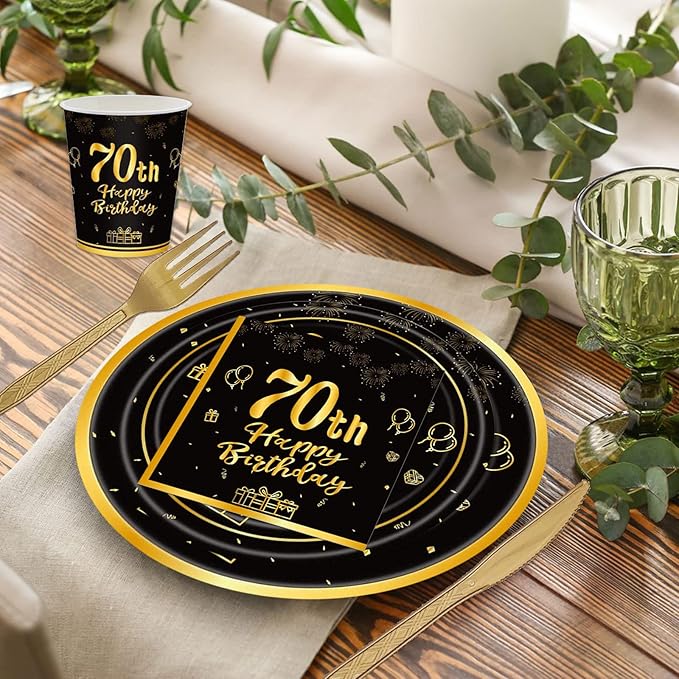 144PCS 70th Birthday Plates and Napkins Birthday Party Supplies 70th Birthday Party Decorations for Men Women Disposable Party Tableware Including Paper Plates Napkins Cups Forks Serve 24