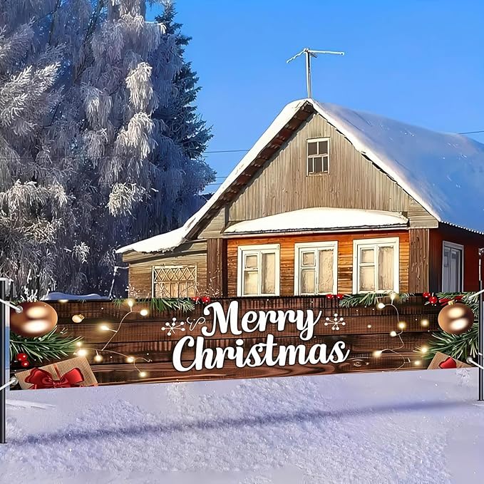 Merry Christmas Decorations Banner 118x20 Inch Polyester Fabric Tree Branches Presents s for Indoor Outdoor Garden Fence Outdoor Porch sign Party Supplies Banners