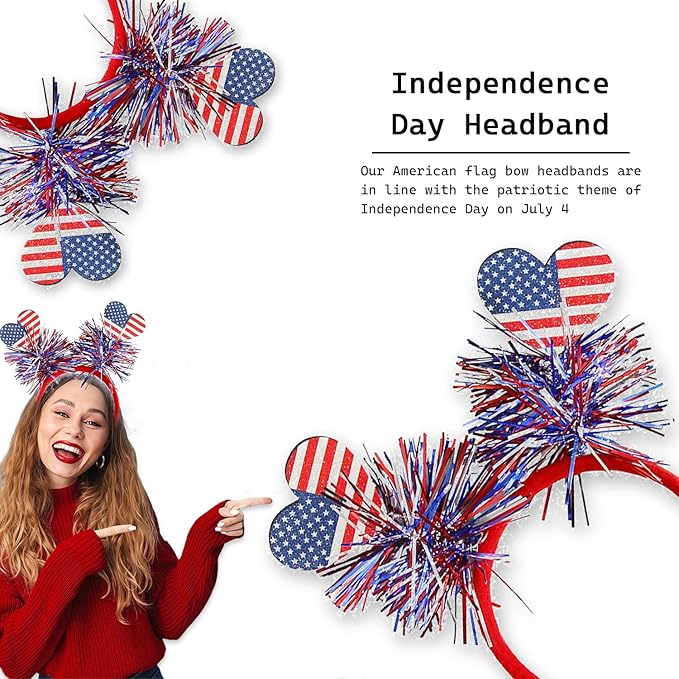 4th of July Headband Independence Day Hair Accessories Patriotic Party Hair Supplies American Flag Love Heart Design Blue Red Ribbon Hair Decoration Cute Hair Hoop for Women Girls Kids 1 Pcs