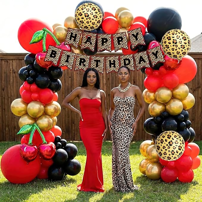 120Pcs Red Black Gold Balloon Garland Arch Kit with Leopard Print Balloons, Cherry Foil Balloons, Happy Birthday Banner for Girl Night Bachelorette Glamour Party Casino Birthday Party Decoration