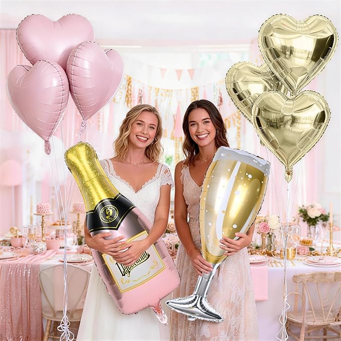 Champagne Balloons, Bachelorette Party Balloons with Champagne Bottle Glass Foil Mylar Balloon Baby Pink Gold Heart Shaped Balloon for Engagement Birthday Bridal Shower Wedding Anniversary Decorations