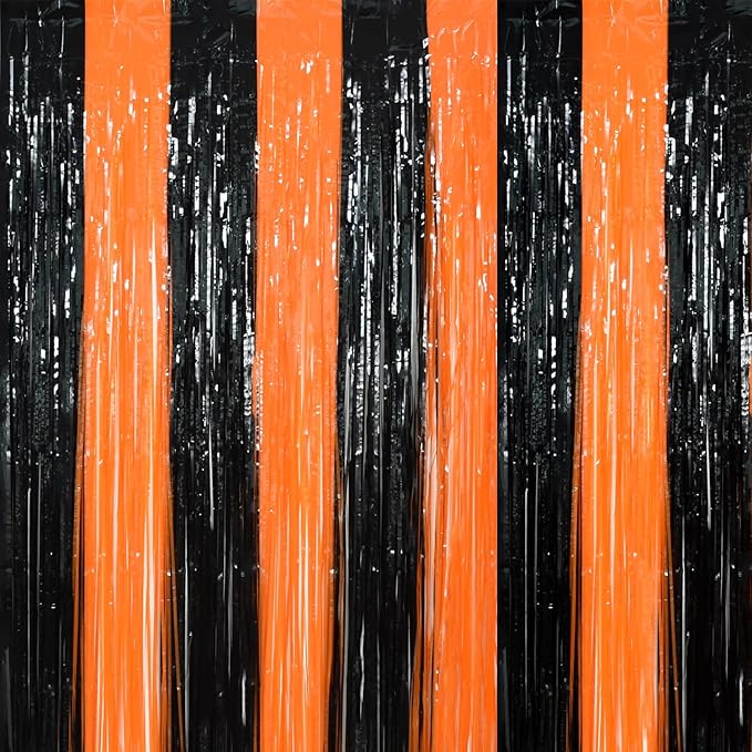 TONIFUL 2Pcs Black Orange Door Streamers,Photo Booth Backdrop Metallic Streamers Foil Fringe Curtains for Birthday,Christmas,New Year,Bachelorette,Halloween Party Streamers Decor(6.6ft x 6.6ft)