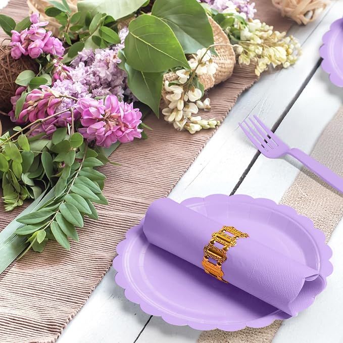 105PCS Paper Plates and Napkins Set,7 Inch Scalloped Disposable Tableware with Forks for Birthdays, Garden Parties & Outdoor Events,Serves 35 (Light Purple)