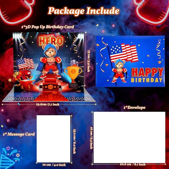 Birthday Cards with Music & Lights, 3D Pop Up Boxing Bear Hero Greeting Card, Unique Birthday Gift For Dad, Son, Father, Kids, Includes Envelope & Message Card