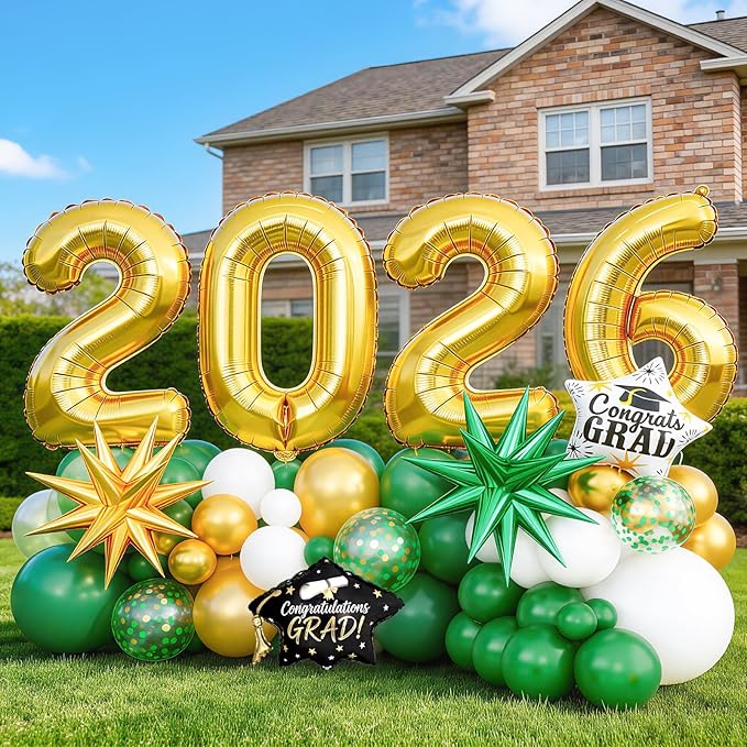 Green White Gold Balloon Arch Kit, Graduation Balloons Garland, 2026 Graduation Decorations Green Gold and White Balloons with Foil Star Balloon for Class of 2026 ollege High School Party Decor