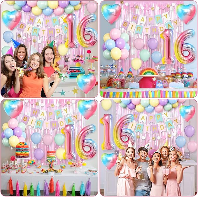 16th Birthday Decorations Rainbow,Gradient Number 16 Balloon,Pastel Happy Birthday Banner Fringe Curtain Heart Foil Balloons Boys Girls 16 Year Old Decor