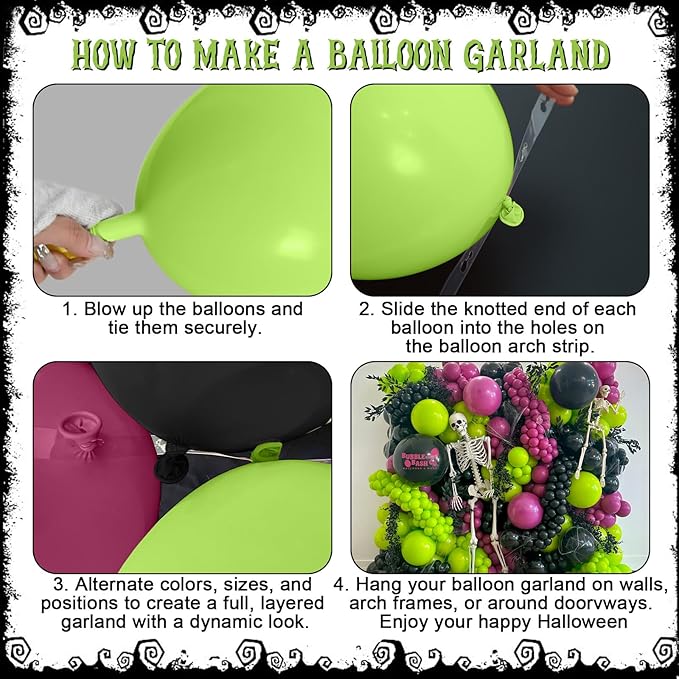 160 Pcs Halloween Balloon Garland Arch Kit, Halloween Birthday Decorations with Black Purple Green Eyeball Metallic Latex Balloons 3D Bats Spider Web for Indoor Outdoor Scary Ghost Party Decorations