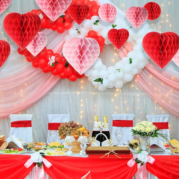16 Pieces Valentine‘s Day Heart & Ball Tissue Paper Honeycomb Ball Love Decoration Pom Poms Pink Red Paper Heart Valentines Honeycomb for Valentine‘s Day Wedding Party Decors
