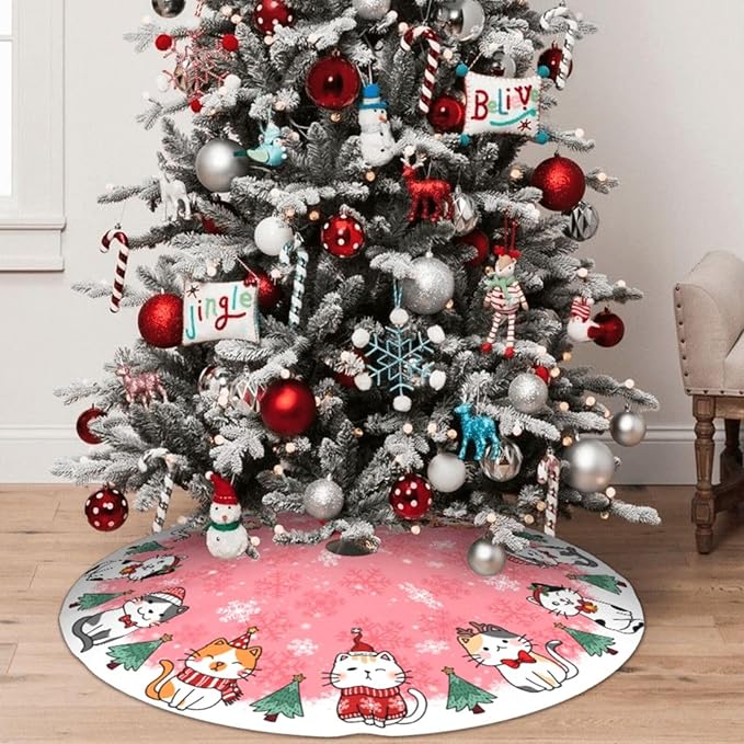 Cute Christmas cat Tree Skirt Xmas Tree Mat Christmas Tree Ornaments Decorations Holiday Party Indoor Outdoor 36"