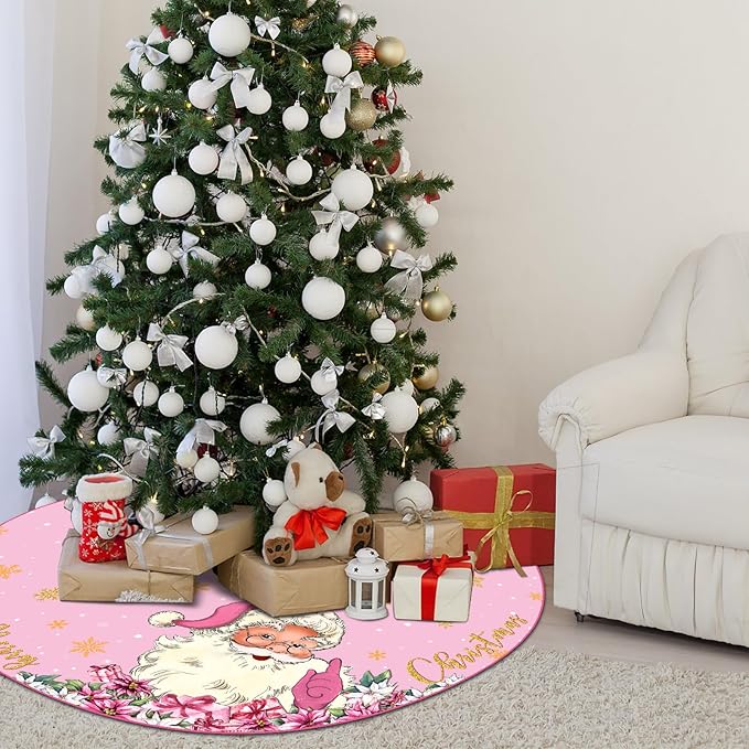 48 Inch Christmas Tree Skirt Double Layer Large Snowflake Xmas Tree Mat Decor for Winter Holiday Party Indoor Outdoor Christmas Decorations(Pink,Santa Claus)
