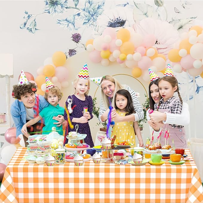 WNINK 4 Pack Orange and White Checkered Rectangular Plastic Tablecloths, Orange Gingham Waterproof Disposable Table Covers 54" x 108" for Birthday, Wedding, Outdoor Picnic Camping Parties
