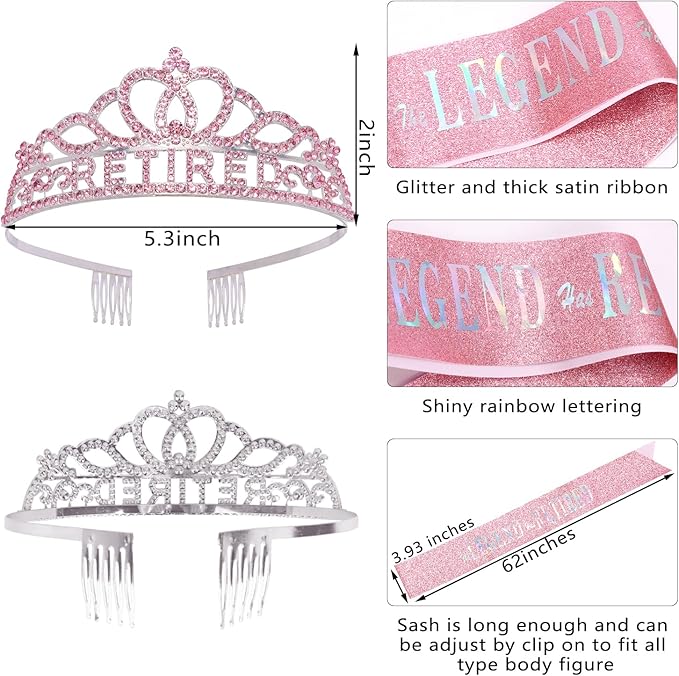 SuPoo Retirement Party Decorations Retired Sash for Women Pink Retired Tiara Crown Rhinestone Headband Retirement Gifts The Legend Has Retired Sash for Both Women and Men Party Supplies Favors