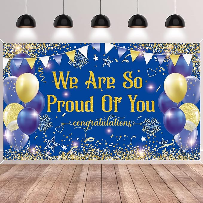 Blue Gold Congratulations We are So Proud of You Backdrop Banner Photography Background Hanging Party Supplies for Graduation Party Decorations Class of 2026 72.8 * 43.3in