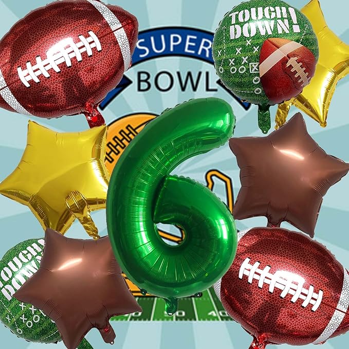 Football Balloons Foil Football Birthday Decorations Balloons Green Number 6 Balloon Gold Brown Star Touchdown Ballons for Rugby Birthday Decorations Sports Ballons Arch Kits Party Balloon Sets 9pcs
