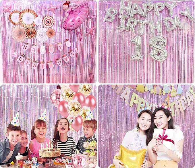 2 Pack 3.2ft x 8.3ft Foil Fringe Backdrop Metallic Tinsel Door Window Curtain Party Photo Booth Props for Birthday Bachelorette Wedding Graduation Party Decorations (Pink)