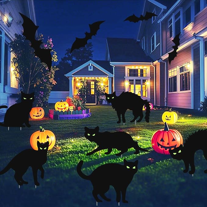 Halloween Decorations Outdoor,6Pcs Flordeluna Black Cat Yard Signs with Stakes, Glow in the Dark Eyes and 28pcs 3D Bats Wall Decor for Outdoor Yard Lawn Patio Garden Halloween Decor