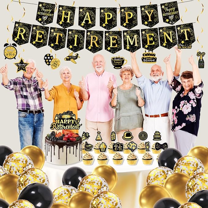 52PCS Happy Retirement Party Decorations for Men Women, Black and Gold Retirement Decorations,Happy Banners,Balloons,Cake&Cupcake Toppers Hanging Swirls,Office Yard Sign Farewell Party Supplies